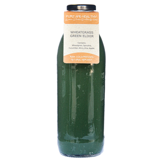Glass bottle of Wheatgrass Green Elixir